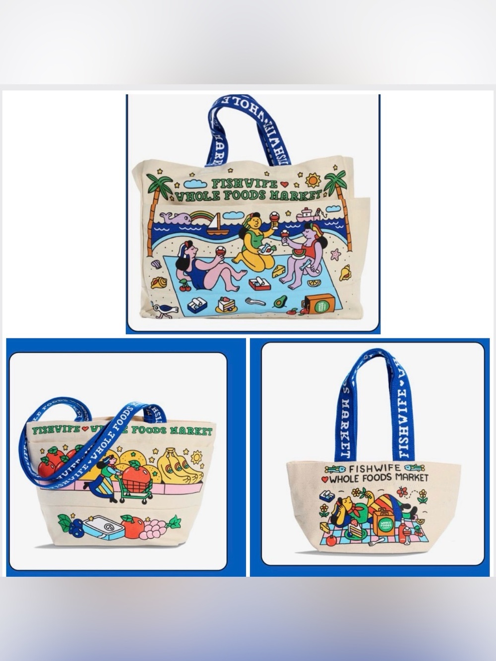 Whole Foods x Fishwife Tote Bags Complete Set of 3 (Small, Medium, Large)